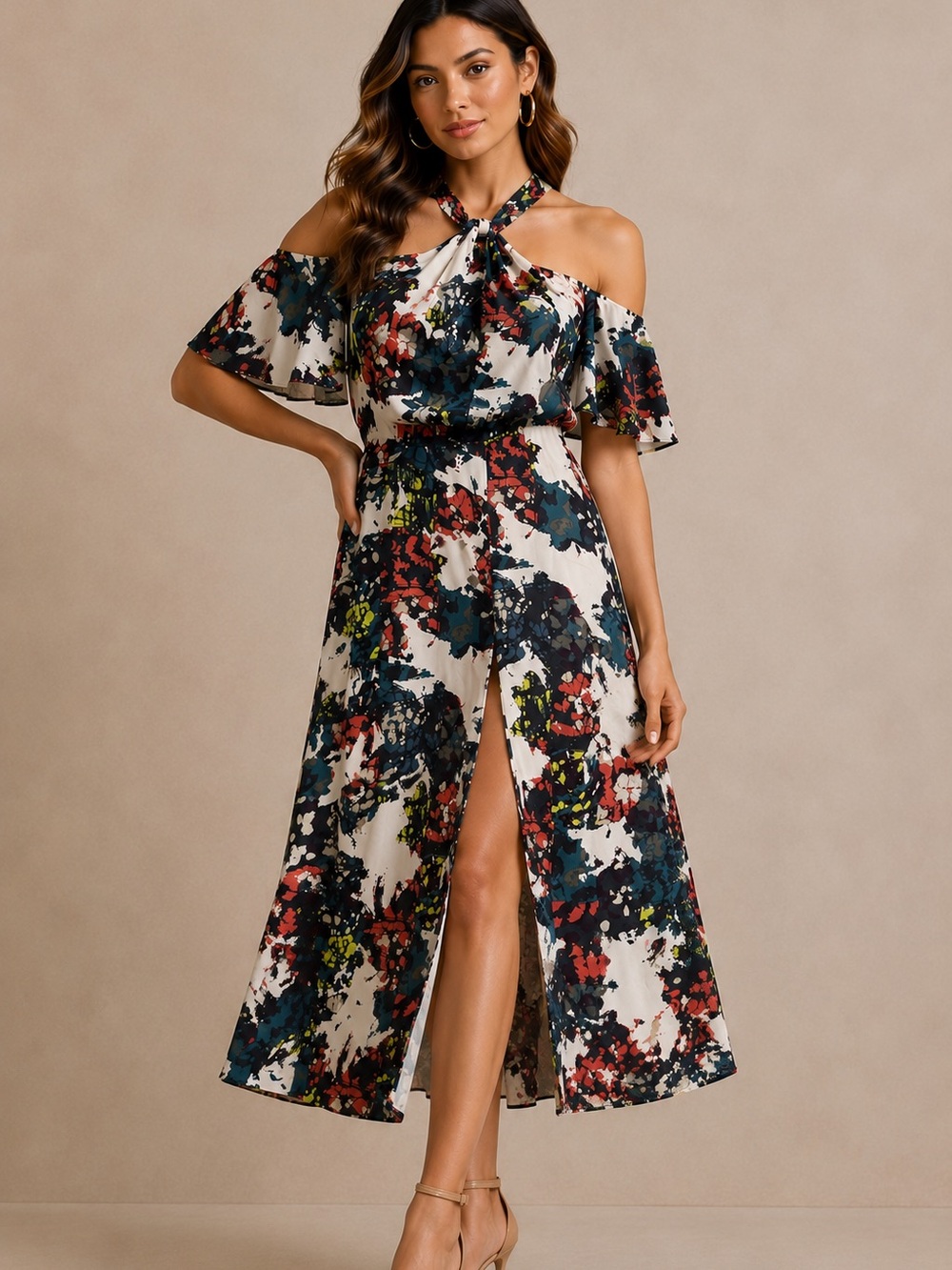 BCBGMAXAZRIA Kelley Abstract Floral Tie-Neck Midi Dress Size 0